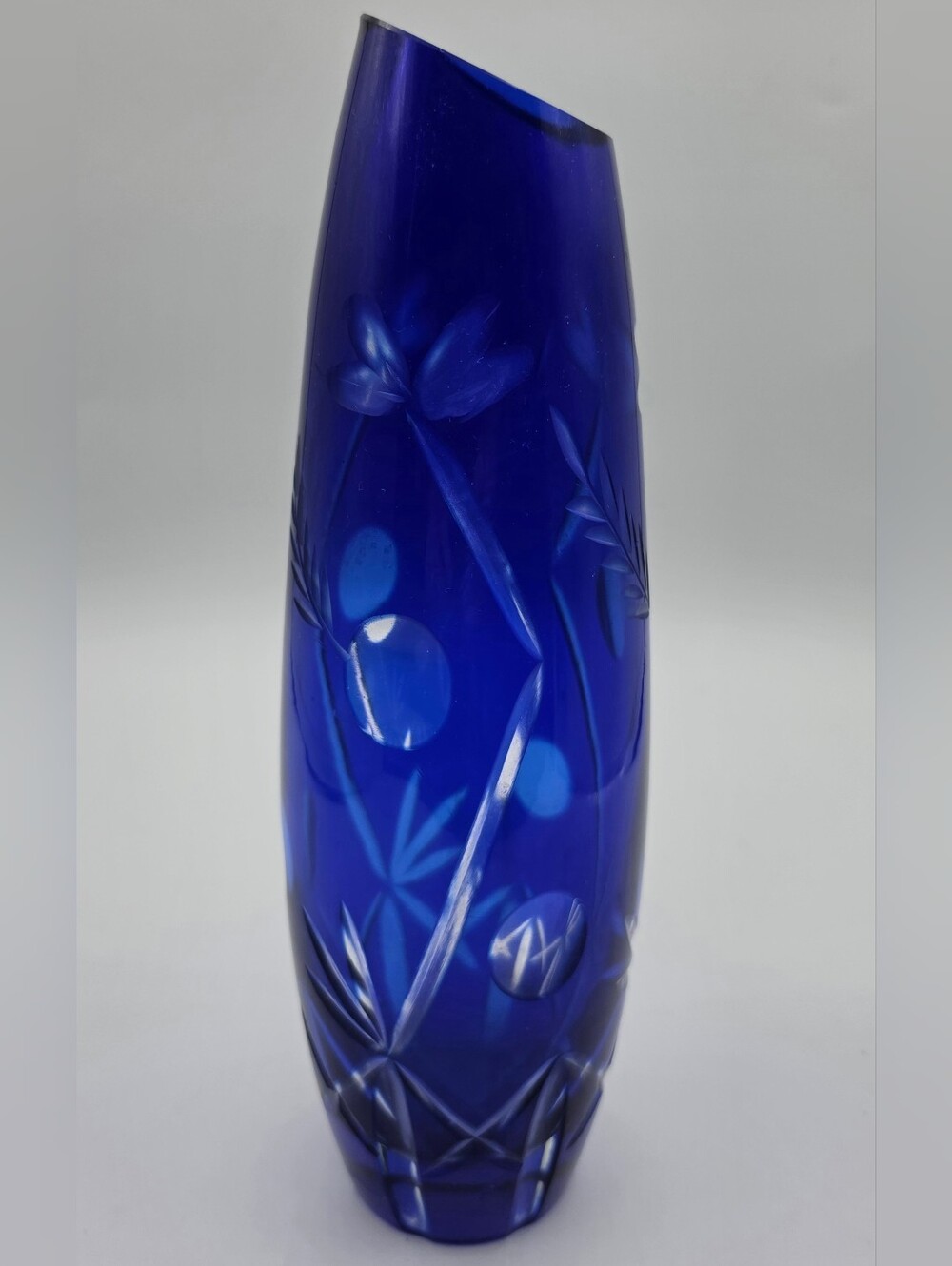 Vintage Cobalt Blue Cut-to-Clear Art Glass Vase – Floral Design